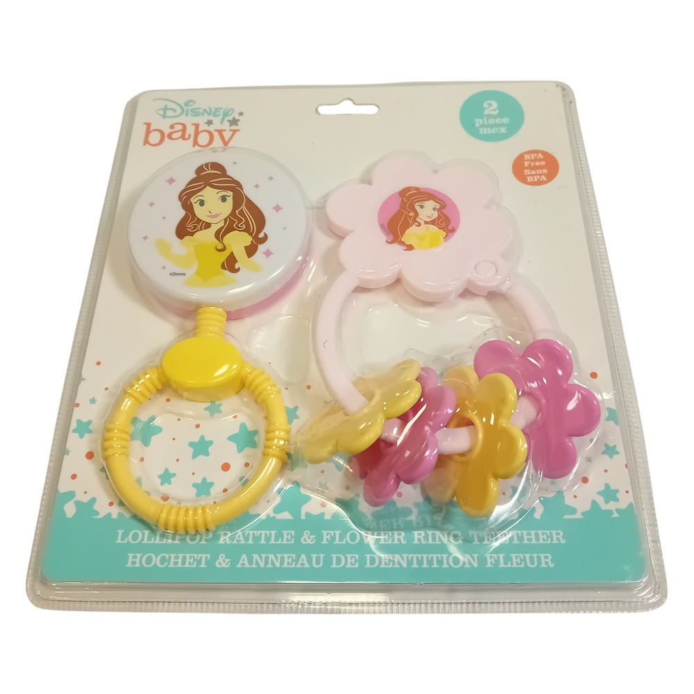 BNIB New Disney Baby Belle 2 PC Baby Lollipop Rattle Flower Teether Set BPA Free